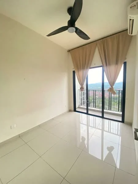 Room features: white painted walls, glossy ceramic tile flooring, 5-blade ceiling fan, floor-to-ceiling sliding glass door, sheer curtains, balcony view, air conditioning unit; style: modern; view: mountain.