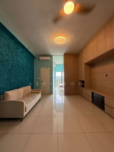 Living features: light blue accent wall, wood panel feature wall, white tiled flooring, 5-blade ceiling fan with light, wall-mounted TV console, sofa in cream color, large windows with natural light, air conditioning unit; style: modern.