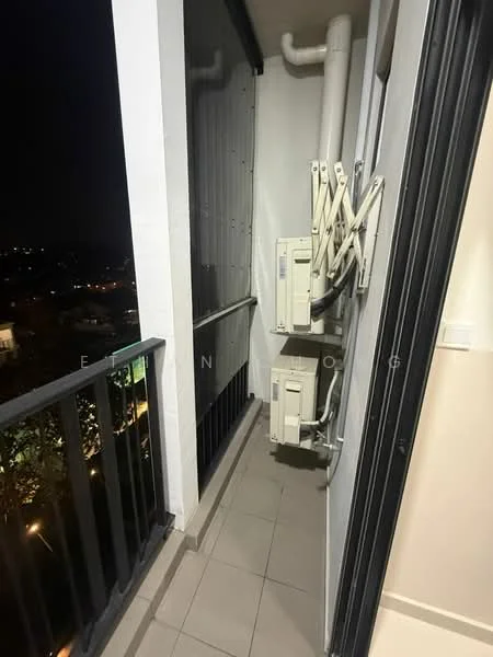 Room features: balcony, tile flooring, metal railing, two wall-mounted air conditioning units, exterior wall with vertical cladding, night view, city lights visible; view: city.