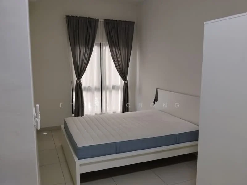 Bedroom features: queen-size bed frame without mattress, floor-to-ceiling window, sheer curtains, dark grey blackout curtains, white painted walls, glossy tile flooring, built-in wardrobe, minimalist decor; style: modern.