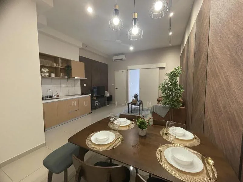 Dining features: round wooden dining table, 4 upholstered dining chairs, decorative plant in ceramic pot, table setting with plates and glasses, wall-mounted TV, kitchenette with wooden cabinetry, white tiled backsplash, stainless-steel sink, chrome faucet, recessed downlights, air conditioning unit, wood panel accent wall; style: modern. Kitchen features: wooden cabinetry, white tiled backsplash, stainless-steel sink, chrome faucet, built-in oven, induction cooktop, microwave, refrigerator; style: modern.