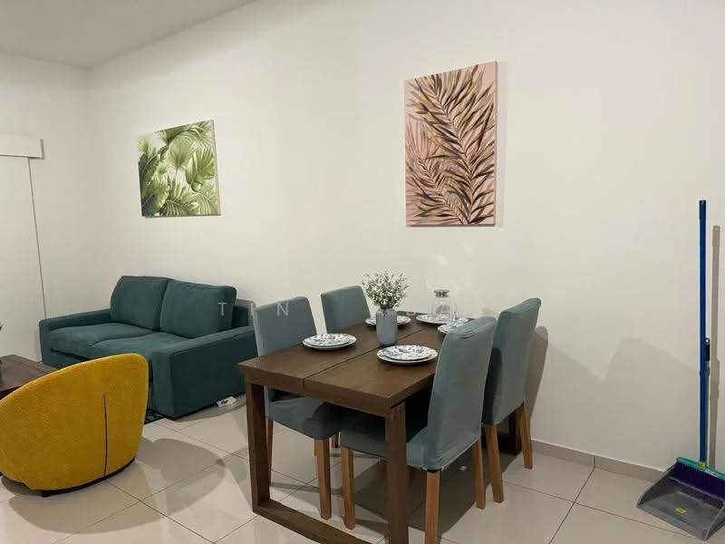 Dining features: wood dining table, 4 upholstered dining chairs in light blue, decorative vase with flowers on table, table setting with plates and cutlery, framed artwork on walls with botanical themes, cream painted walls, tile flooring, sofa in teal color visible in background, yellow accent chair visible in background; style: modern.