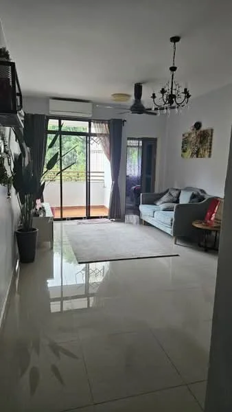 Living features: white painted walls, polished ceramic tile flooring, 5-blade ceiling fan with light, chandelier, floor-to-ceiling sliding glass door, sheer curtains, area rug, sofa in light blue, coffee table, decorative wall art, potted plant; style: modern; view: garden.