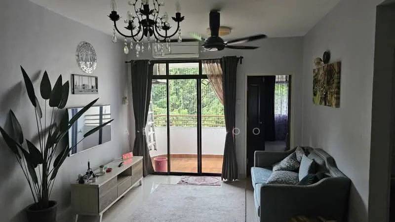 Living features: 3-seater fabric sofa in light grey, coffee table, wall-mounted TV, chandelier, 5-blade ceiling fan, floor-to-ceiling windows, sliding glass door, curtains, decorative wall art, indoor plant, light grey painted walls, tile flooring; style: modern; view: garden.