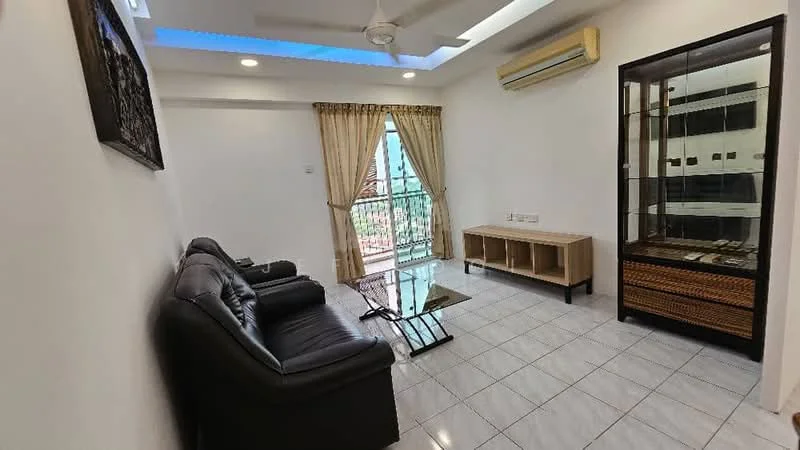Living features: black leather 3-seater sofa, glass coffee table, wooden TV console, wall-mounted air conditioning unit, curtains with floral pattern, floor-to-ceiling windows, white painted walls, tile flooring, ceiling fan with light, decorative wall art; style: modern; view: garden.