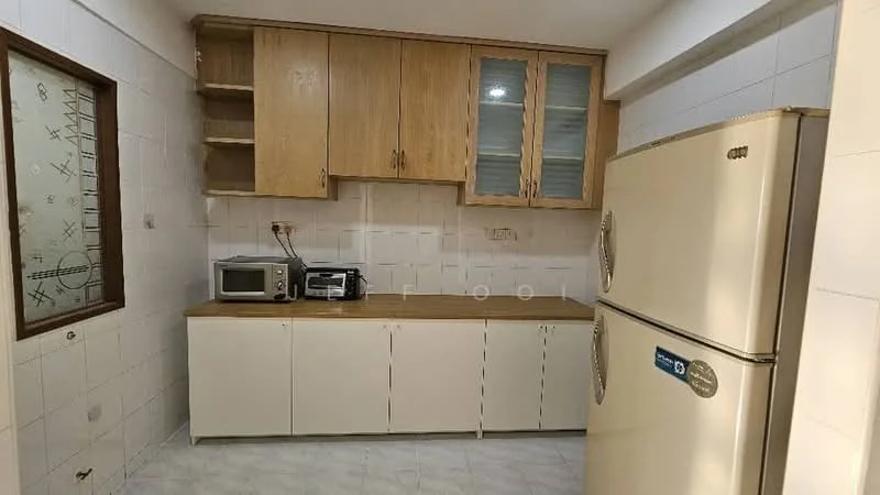 Kitchen features: white cabinetry with glass-front upper cabinets, wood countertop, stainless-steel fridge, microwave, built-in oven, ceramic tile flooring, white tiled walls, window with frosted glass, open shelving, kitchen appliances; style: modern.