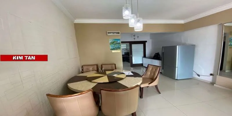 Dining features: round dining table with geometric pattern, 4 upholstered dining chairs in beige, white painted walls, cream accent wall, recessed downlights, 1 wall-mounted split AC, floor-to-ceiling windows, tile flooring, decorative wall art, chandelier with multiple bulbs; style: modern. Room features: stainless-steel fridge, open layout to living area.