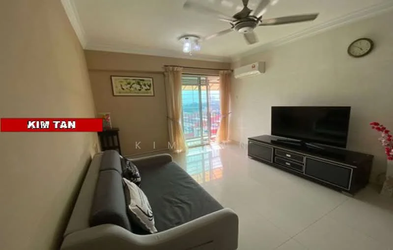 Living features: 3-seater fabric sofa in grey, wall-mounted TV, TV console in black, ceiling fan with light, wall clock, sliding glass door, floor-to-ceiling windows, cream painted walls, glossy tile flooring, decorative plant in ceramic pot, artwork on wall, air conditioning unit; style: modern; view: city.