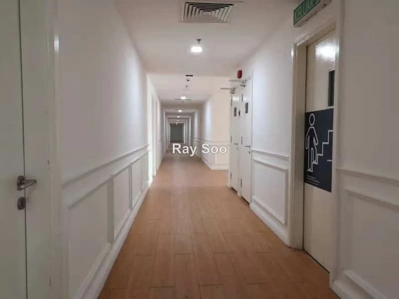 Hallway features: white painted walls, wooden flooring, recessed downlights, ceiling-mounted smoke detector, emergency exit signage, door with handle, door with push bar, decorative wall paneling; style: modern.
