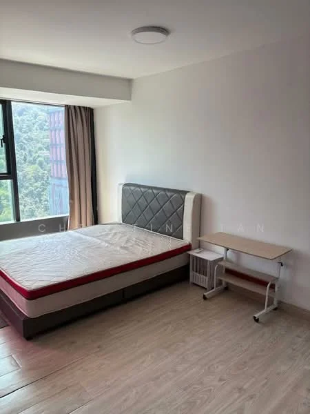 Bedroom features: queen-size bed with red and white bedding, upholstered headboard in grey, wooden flooring, floor-to-ceiling window, curtains in beige, study desk, chair, wall-mounted light fixture, white painted walls, air conditioning unit; style: modern; view: mountain.