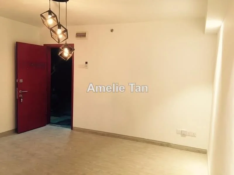 Room features: white painted walls, light grey flooring, single pendant light fixture, red front door, wall-mounted air conditioning unit, electrical outlets, light switch; style: modern.
