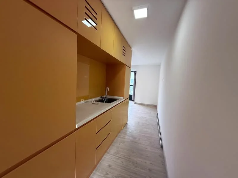 Kitchen features: orange cabinetry, white countertop, single-bowl stainless-steel sink, chrome pull-down faucet, built-in cabinets, recessed LED downlights, wood laminate flooring, open layout; style: modern.