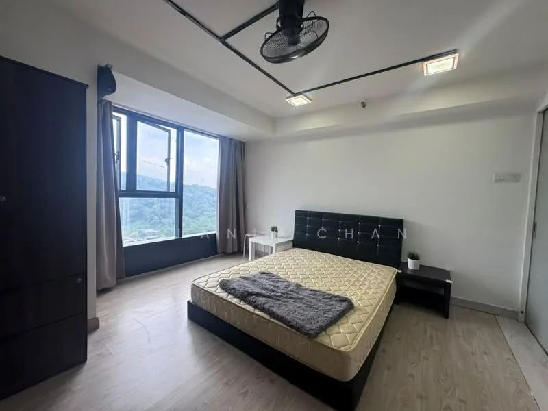 Bedroom features: queen-size bed, upholstered headboard, wooden flooring, floor-to-ceiling window, curtains, ceiling fan, nightstand, chest of drawers, decorative plant; style: modern; view: mountain.