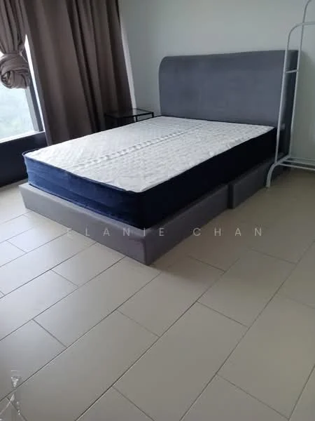Bedroom features: king-size bed, upholstered headboard, grey bed frame, mattress without bedding, side table, floor-to-ceiling windows, curtains in brown, tile flooring in light beige; style: modern.