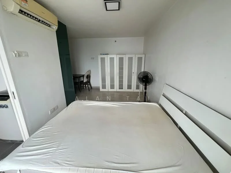 Bedroom features: queen-size bed frame, wall-mounted air conditioning unit, built-in wardrobe with sliding doors, ceiling fan, grey tiled flooring, white painted walls, small dining table with chairs, window with natural light; style: modern.