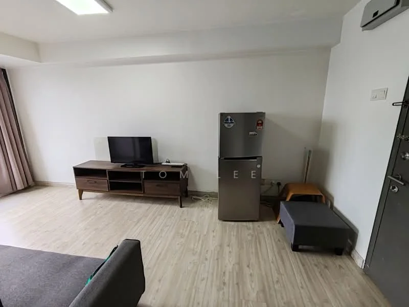 Living features: light wood laminate flooring, white painted walls, floor-to-ceiling windows with sheer curtains, wall-mounted TV, TV console with storage, stainless-steel fridge, grey fabric sofa, decorative throw pillows, side table, door to the entrance, light ceiling with recessed lighting; style: modern.