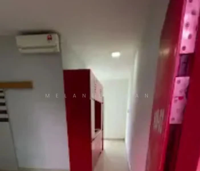 Room features: white painted walls, tile flooring, 1 wall-mounted split AC, recessed downlights, built-in cabinetry in red, open shelving, doorway, neutral ceiling; style: modern.
