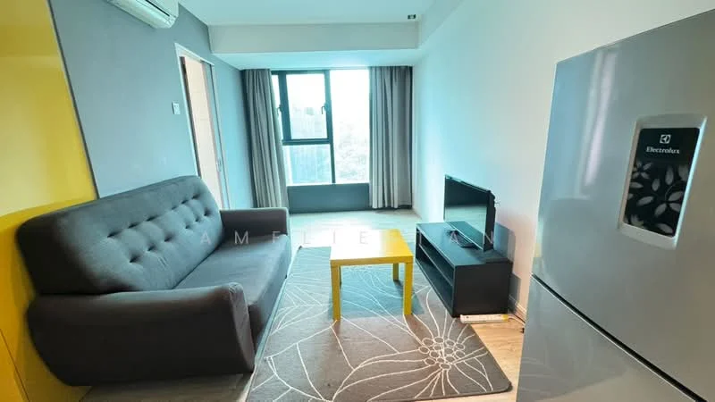 Living features: grey fabric 3-seater sofa, yellow coffee table, TV console, wall-mounted TV, area rug with floral pattern, laminate flooring, floor-to-ceiling window, curtains, refrigerator, air conditioning unit; style: modern; view: city.