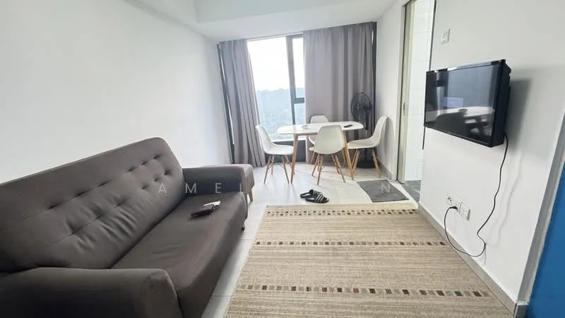Living features: 3-seater fabric sofa in grey, coffee table, wall-mounted TV, area rug with geometric pattern, floor-to-ceiling windows, curtains, dining table with 4 chairs, sliding door, light-colored walls, tile flooring; style: modern; view: city.