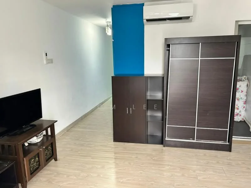 Room features: light wood laminate flooring, white painted walls, blue accent wall, wall-mounted air conditioning unit, built-in wardrobe with sliding doors, TV console, freestanding television, ceiling light fixture; style: modern.