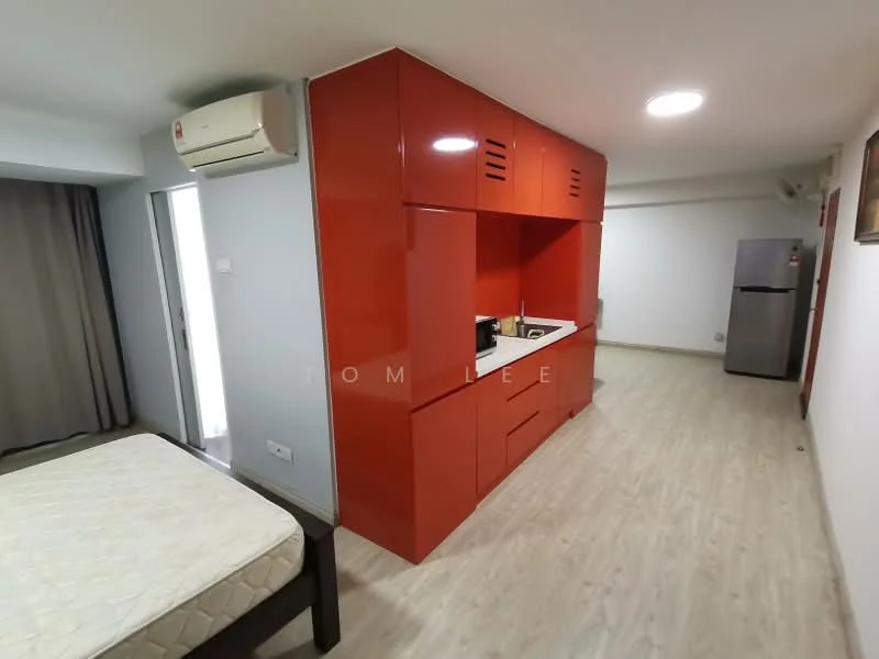 Room features: red cabinetry, white countertop, built-in microwave, stainless-steel fridge, single-bowl stainless-steel sink, chrome pull-down faucet, wooden flooring, wall-mounted split AC, recessed ceiling light, curtains, open layout; style: modern.