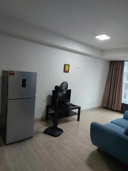 Living features: grey painted walls, laminate flooring, recessed ceiling lights, floor-to-ceiling window, light brown curtains, blue fabric sofa, black TV console, stainless-steel fridge, standing fan; style: modern.