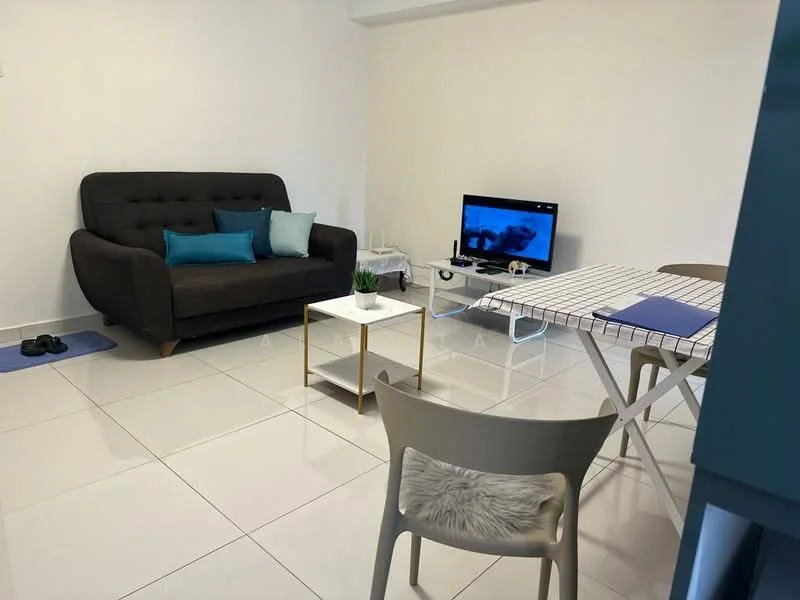 Living features: 3-seater fabric sofa in dark grey, decorative cushions in teal and blue, white coffee table with gold legs, TV console with flat-screen TV, white dining table with checkered pattern, 4 dining chairs in light grey, ceramic plant pot, glossy white tile flooring, white painted walls, natural light from window; style: modern.