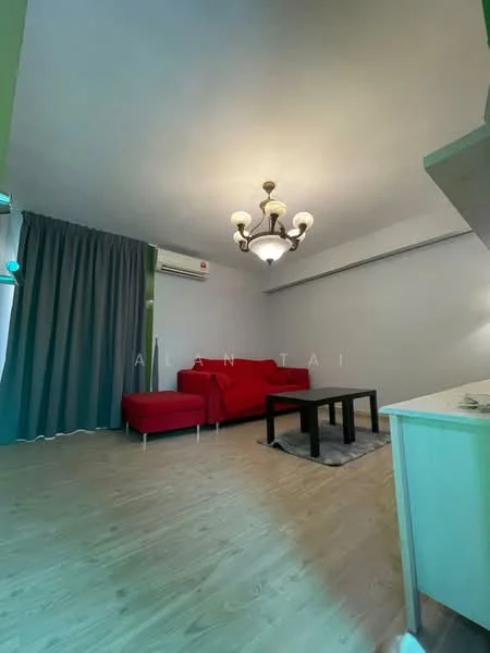 Living features: red fabric sofa, black coffee table, light wood flooring, white painted walls, ceiling light fixture with multiple bulbs, wall-mounted air conditioning unit, floor-to-ceiling curtains in blue, area rug; style: modern.
