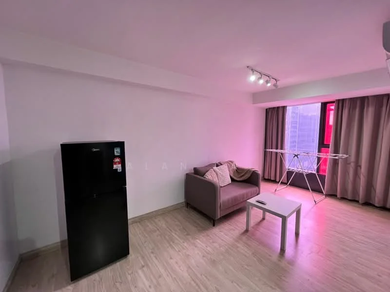 Living features: light wood laminate flooring, white painted walls, recessed ceiling lights, large window with city view, curtains in neutral color, black refrigerator, grey fabric sofa, white coffee table, folding drying rack; style: modern; view: city.