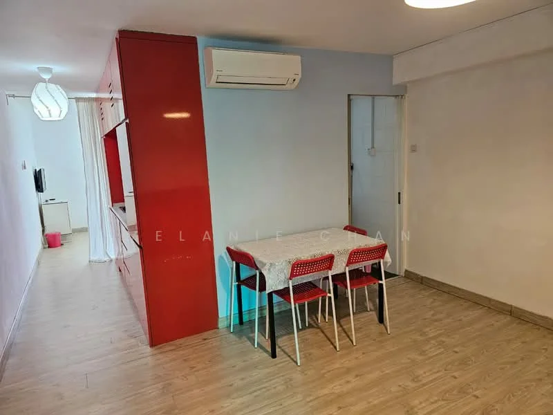 Dining features: dining table with four chairs, red accent wall, light wood laminate flooring, wall-mounted air conditioning unit, white ceiling light, built-in shelving unit, neutral painted walls, curtains; style: modern.