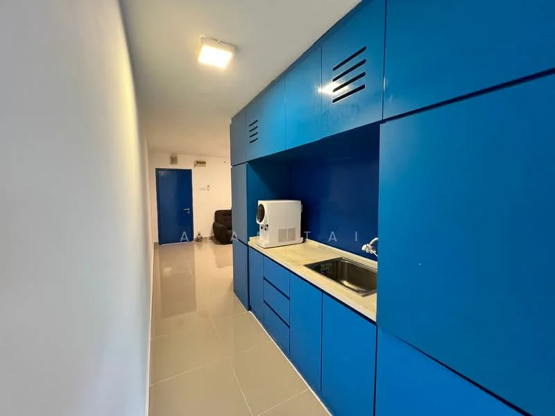Room features: blue cabinetry, granite countertop, single-bowl stainless-steel sink, chrome pull-down faucet, built-in microwave, tile flooring, recessed ceiling lights, white walls; style: modern.