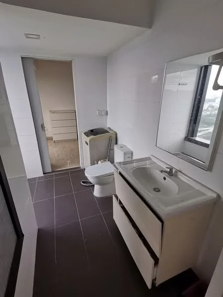 Bathroom features: white tiled walls, dark grey tile flooring, single-sink vanity with white cabinet, chrome basin mixer faucet, framed mirror, one-piece toilet, washing machine, window with city view; style: modern; view: city.