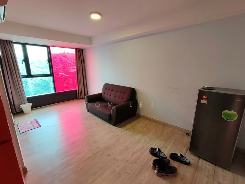 Living features: laminate flooring, white painted walls, floor-to-ceiling window, curtains, 3-seater fabric sofa in brown, refrigerator, area rug, light fixture, trash bin; style: modern; view: city.