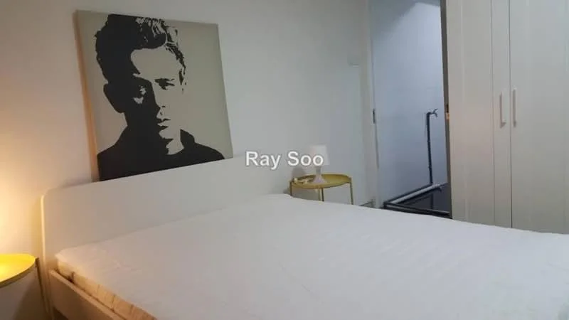 Bedroom features: white walls, wooden flooring, queen-size bed, upholstered headboard, bedside table with yellow finish, framed artwork on wall, built-in wardrobe with sliding doors, floor lamp; style: modern.