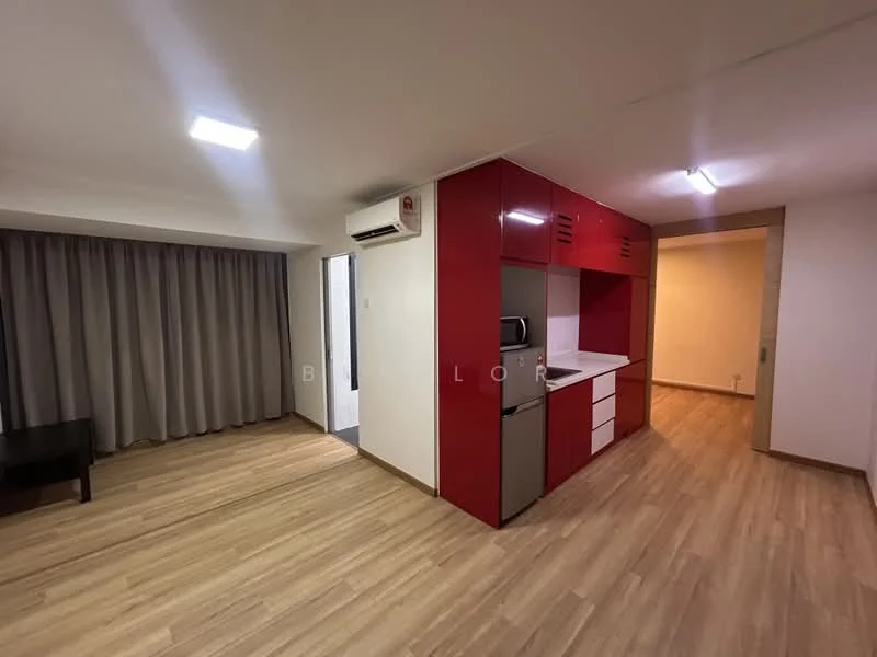 Living features: laminate flooring, red cabinetry, white countertop, built-in microwave, stainless-steel fridge, wall-mounted split AC, grey curtains, recessed LED downlights; style: modern.