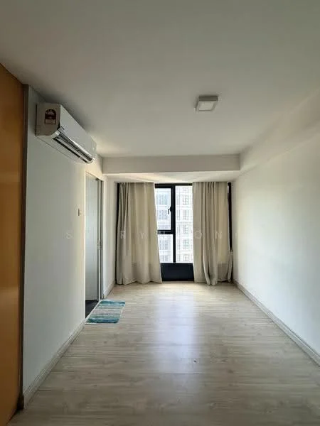 Room features: white painted walls, light wood laminate flooring, 1 wall-mounted split AC, floor-to-ceiling windows, sheer curtains, recessed ceiling lights, neutral color scheme, open layout; style: modern; view: city.