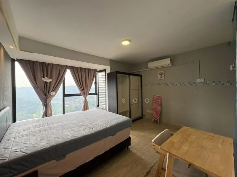 Bedroom features: king-size bed, upholstered headboard, floor-to-ceiling windows, mountain view, wooden flooring, air conditioning unit, study desk, wooden chair, built-in wardrobe with sliding doors, curtains, decorative wall art, light fixture in ceiling; style: modern; view: mountain.
