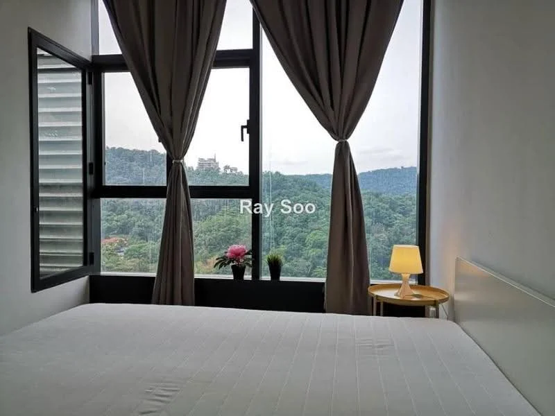 Bedroom features: floor-to-ceiling windows, grey curtains, queen-size bed, wooden bedside table, table lamp, decorative plants, mountain view; style: modern; view: mountain.