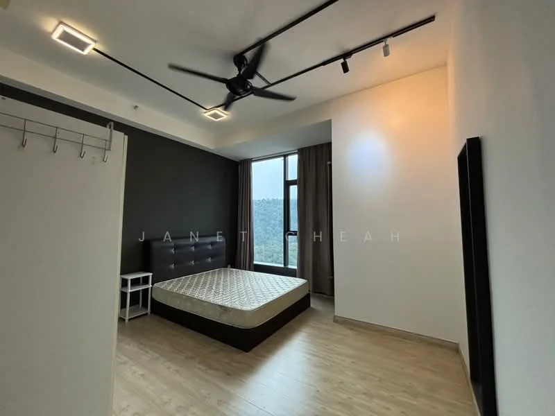Bedroom features: queen-size bed, black bed frame, wooden flooring, black accent wall, floor-to-ceiling windows, curtains, 5-blade ceiling fan, wall-mounted TV, white painted walls, nightstand, hanging coat rack; style: modern; view: mountain.