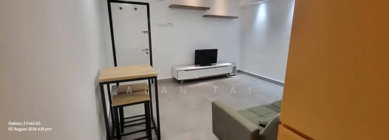 Living features: white painted walls, grey tiled flooring, sofa in light grey, wooden coffee table, white TV console, wall-mounted TV, floating shelves, door with two locks, recessed lighting, open layout; style: modern.