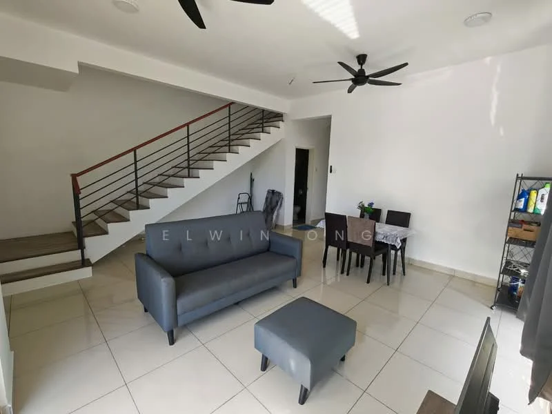 Living features: grey fabric sofa, ottoman, 4-seater dining table, black dining chairs, ceiling fan, white painted walls, tile flooring, staircase with metal railing, wall-mounted TV, decorative plant on table; style: modern.