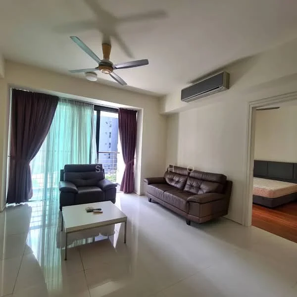 Living features: 3-seater leather sofa, 2-seater fabric sofa in grey, coffee table, floor-to-ceiling windows, sheer curtains, ceiling fan, wall-mounted split AC, white painted walls, polished tile flooring; style: modern; view: city. Room features: wood flooring, bed in background.