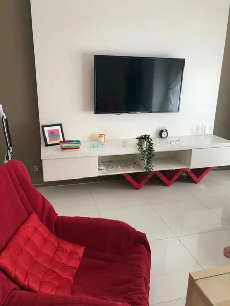 Living features: red fabric armchair, white wall-mounted TV, white media console, decorative plant on console, colorful framed artwork, glass decorative items, glossy tile flooring, neutral wall color; style: modern.