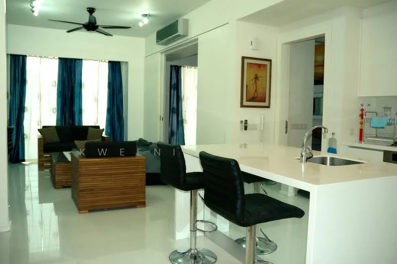 Living features: white painted walls, glossy tile flooring, 5-blade ceiling fan with light, floor-to-ceiling windows, sheer curtains, blue curtains, black leather bar stools, kitchen island with white countertop, wooden accent chairs, framed artwork on wall, recessed downlights; style: modern.