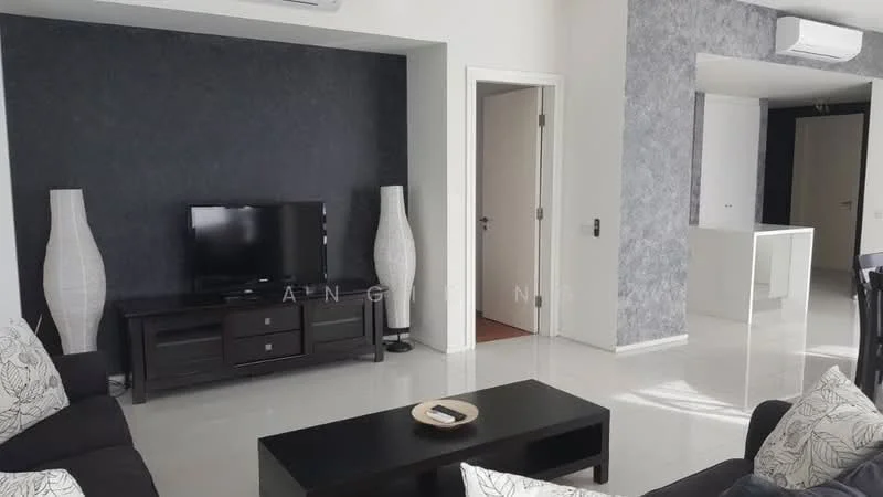 Living features: grey accent wall, white painted walls, polished tile flooring, 3-seater fabric sofa in black, 2-seater fabric sofa with patterned cushions, coffee table, TV console, wall-mounted TV, floor lamp, decorative bowl on table, air conditioning unit on wall, recessed downlights; style: modern. Room features: white painted walls, polished tile flooring, doorway leading to another room.