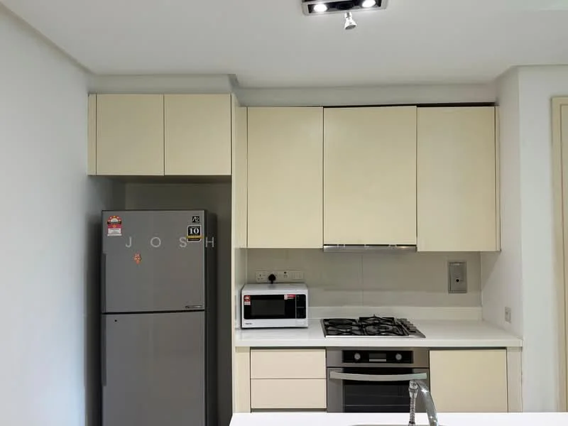 Kitchen features: light beige cabinetry, white countertop, stainless-steel sink, chrome pull-down faucet, built-in gas hob, built-in oven, microwave, stainless-steel fridge, recessed downlights, tile backsplash, open shelving above countertop; style: modern.