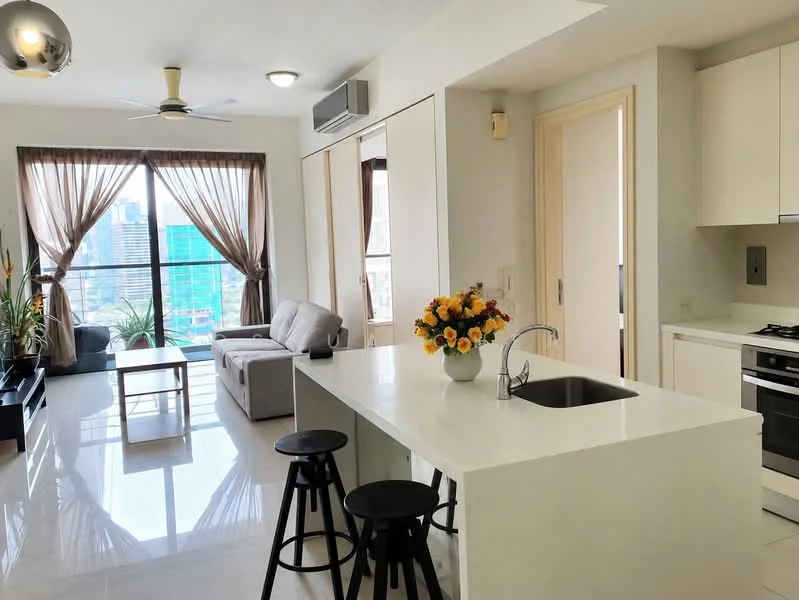 Living features: grey fabric sofa, wood coffee table, floor-to-ceiling windows, city view, white walls, recessed downlights, 5-blade ceiling fan with light, potted plants, curtains, white cabinetry, stainless-steel oven, stainless-steel gas hob, white quartz countertop, single-bowl stainless-steel sink, chrome pull-down faucet; style: modern; view: city. Kitchen features: white cabinetry, stainless-steel oven, stainless-steel gas hob, white quartz countertop, single-bowl stainless-steel sink, chrome pull-down faucet, bar stools; style: modern; view: city.
