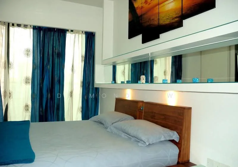 Bedroom features: queen-size bed, upholstered headboard, two bedside lamps, blue throw pillow, white bedding, decorative mirror above the bed, shelf above the bed, floor-to-ceiling windows, blue curtains with sun pattern, white walls; style: modern.