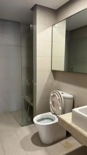 Bathroom features: walk-in shower with glass enclosure, chrome basin mixer faucet, single-sink vanity with stone countertop, framed mirror, one-piece toilet, tile cladding on walls, ceramic tile flooring, built-in bench in shower area; style: modern.
