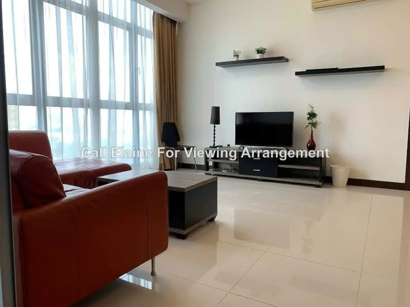 Living features: 3-seater leather sofa in red, coffee table, TV console, wall-mounted TV, floor-to-ceiling windows, curtains, decorative plant, white tiled flooring, air conditioning unit, shelf unit on wall; style: modern.